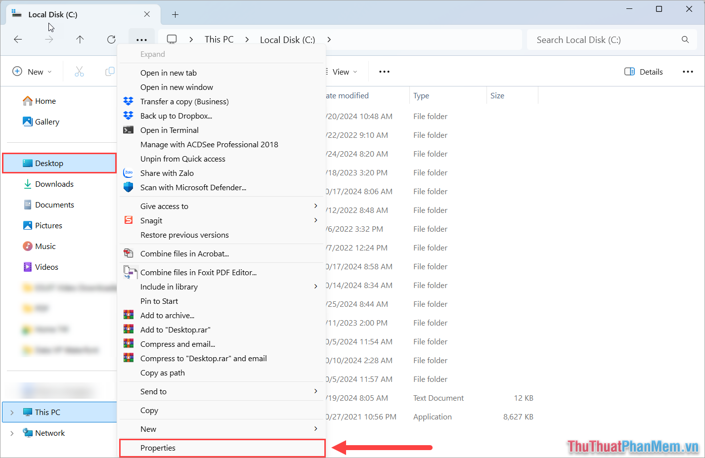 Bạn mở This PC trên máy tính Win 11, Click chuột phải vào Desktop và chọn Properties
