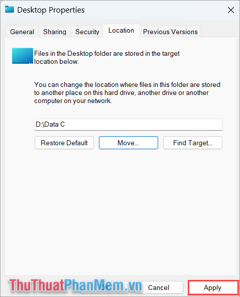 Chọn Apply và nhấn Yes để Windows 11 chuyển đổi dữ liệu từ ổ đĩa C sang ổ đĩa D