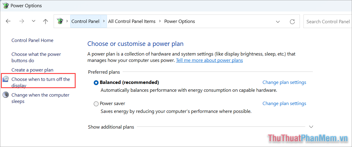 Chọn Choose when to turn off the display để điều chỉnh thời gian tắt màn hình