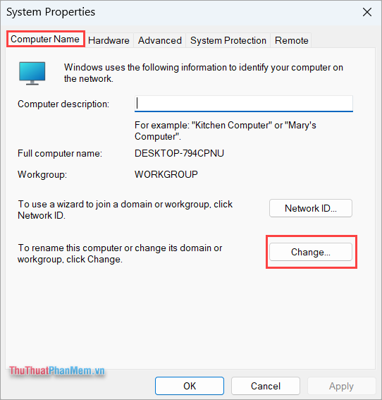 Chọn Computer Name và chọn Change để thay đổi tên tài khoản Account trên Win 11