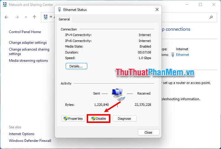 Chọn Disable để tắt mạng trên máy tính Windows 11