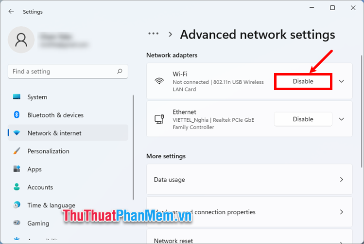 Chọn Disable để tắt mạng wifi trên máy tính Windows 11