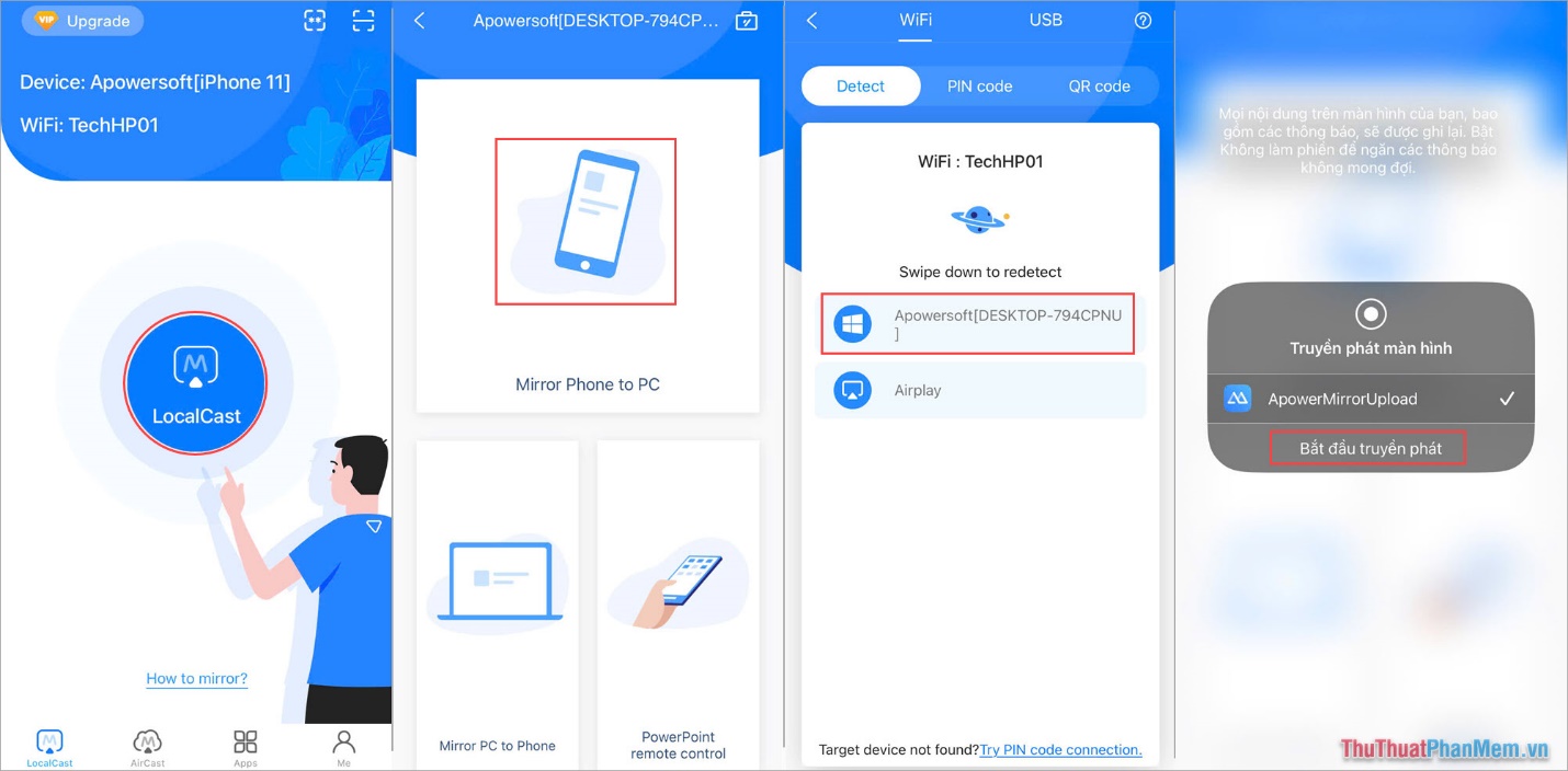 Chọn Local Cast → Mirror Phone to PC → Apowersoft…. → Bắt đầu truyền phát.