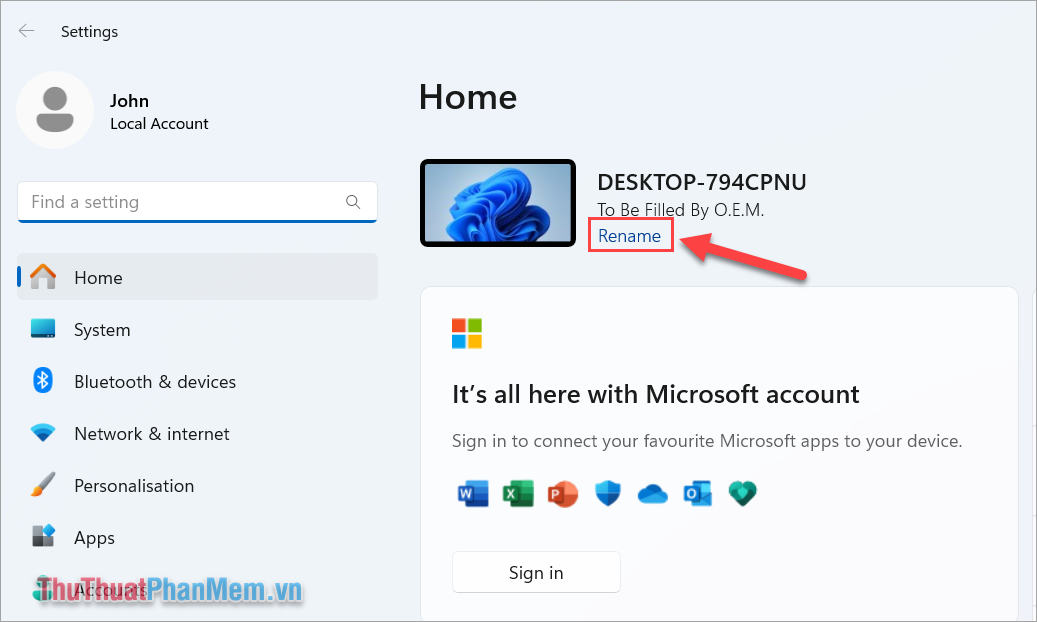 Chọn Rename để đặt tên mới cho tài khoản Account trên máy tính Windows 11