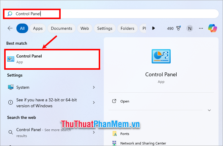 Chọn Start, nhập từ khóa Control Panel trong ô tìm kiếm