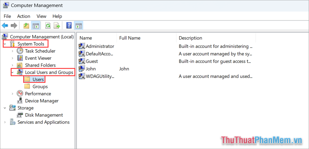 Chọn System Tools → Local User and Groups → User