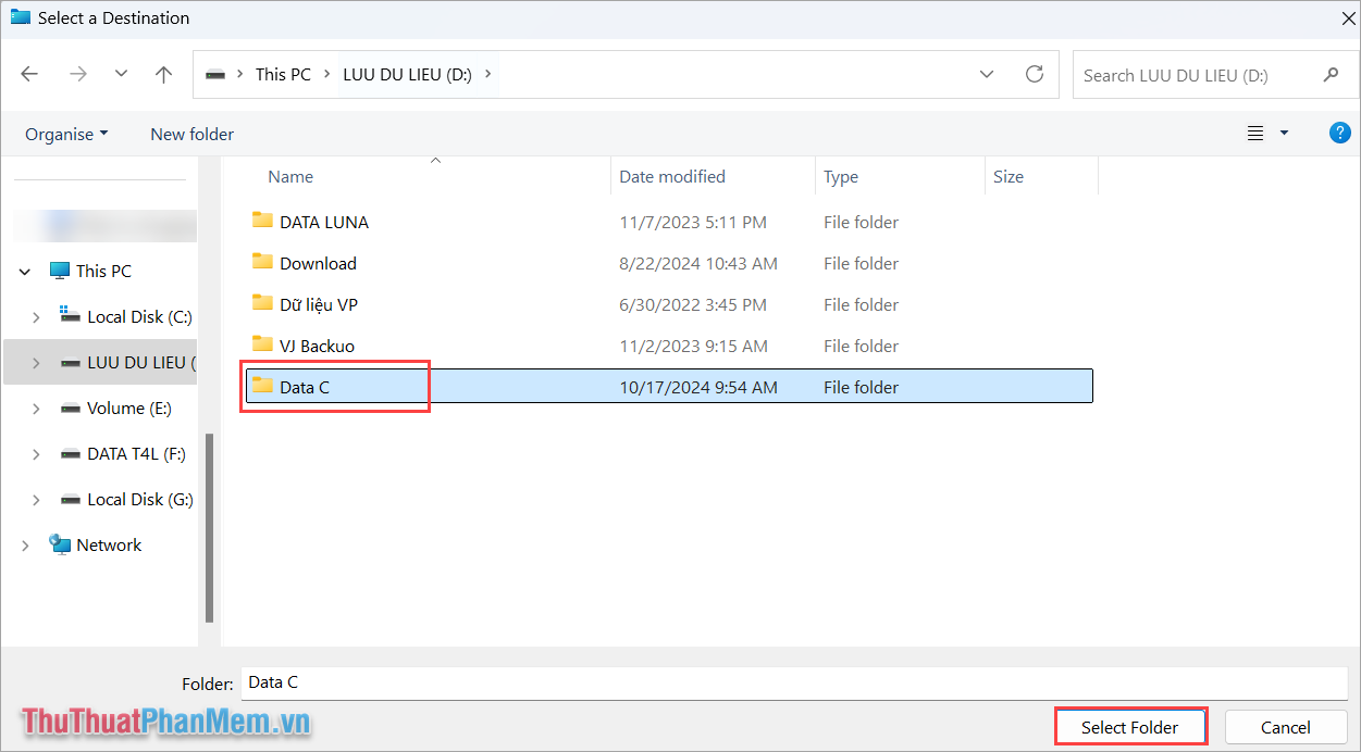 Chọn thư mục lưu trữ dữ liệu chuyển đổi từ ổ đĩa C sang và chọn Select Folder