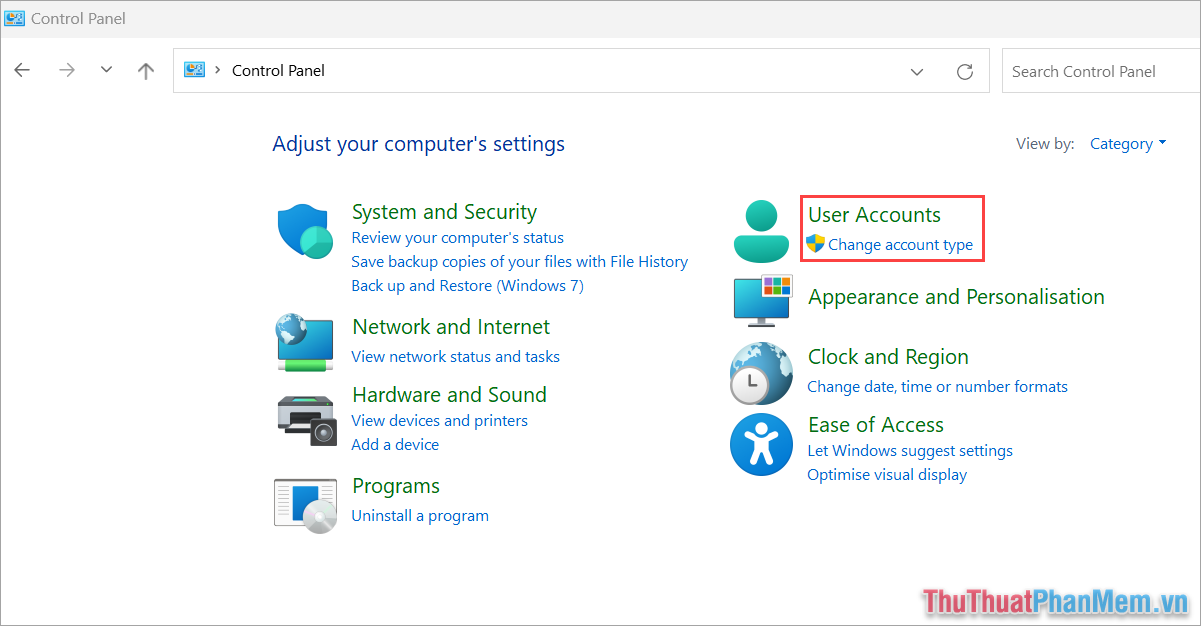 Chọn User Accounts để thiết lập tài khoản Accounts trên Windows 11