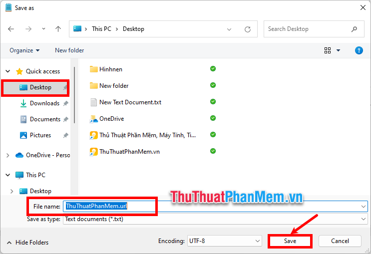 Chọn vị trí hiển thị lối tắt trang web là desktop, đặt tên trong File name