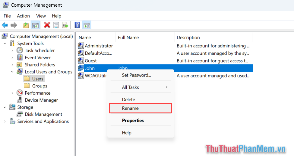 Click chuột phải vào tài khoản Account cần đổi tên trên Windows 11 và chọn Rename