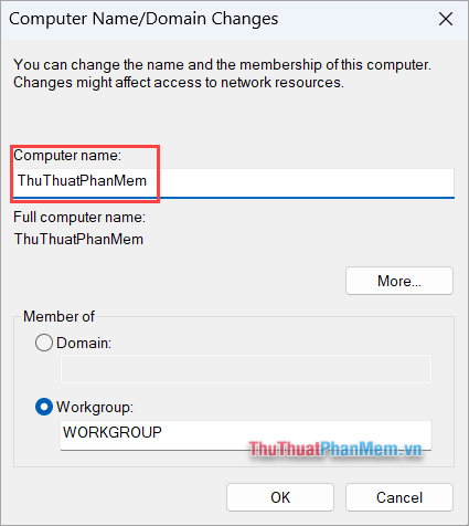 Điền tên Account vào trong mục Computer Name và nhấn OK để áp dụng thay đổi đặt tên