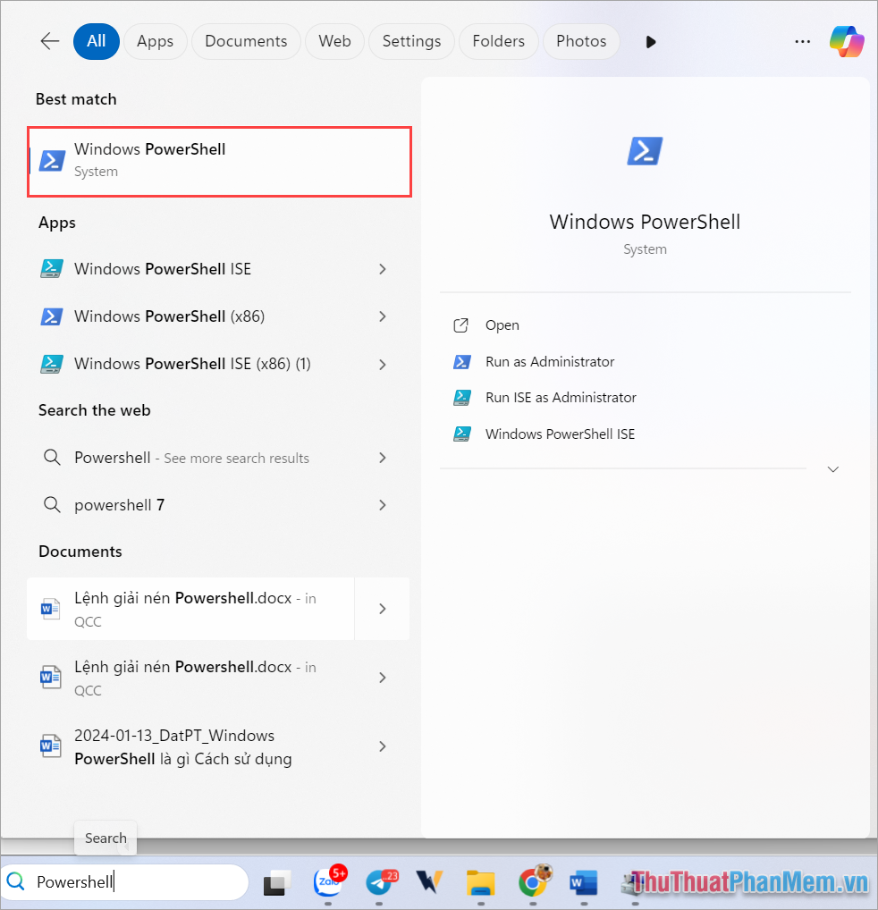 Mở Windows PowerShell bằng cách nhập từ khóa vào thanh tìm kiếm trên Win 11