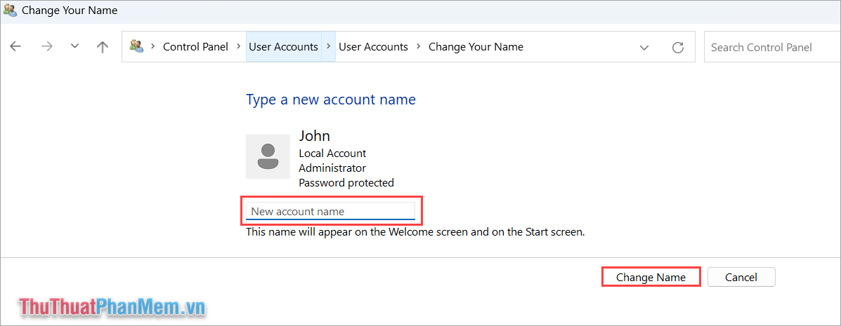 Nhấn Change Name để thực hiện việc đổi tên Account trên Windows 11