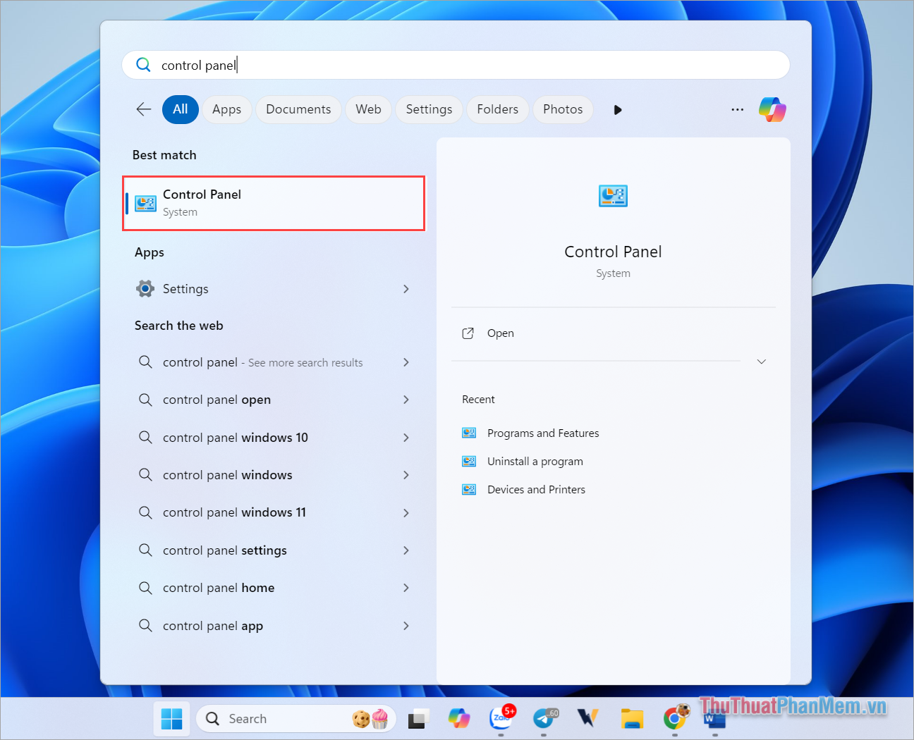 Nhập Control Panel vào trong Start Menu và mở để sử dụng