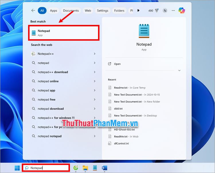 Nhập Notepad dưới thanh tìm kiếm, tiếp theo chọn Notepad trong kết quả