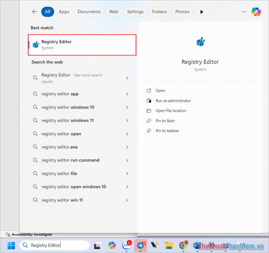 Nhập Registry Editor vào cửa sổ tìm kiếm trên Windows 11