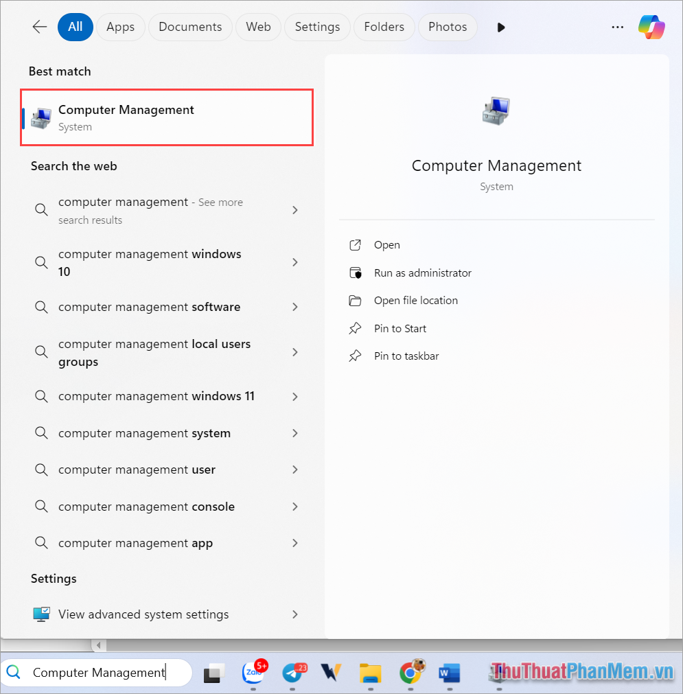 Nhập từ khóa Computer Management vào hộp thoại Search trên máy tính Windows 11