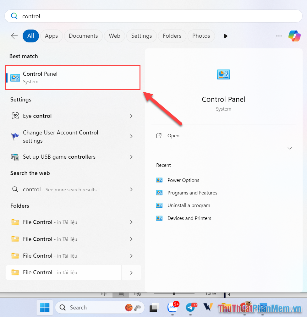 Nhập từ khóa Control Panel vào thanh tìm kiếm