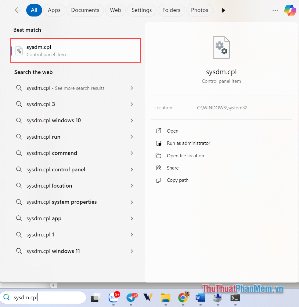Nhập từ khóa “sysdm.cpl” vào cửa sổ tìm kiếm trên thanh công cụ Windows 11 để mở