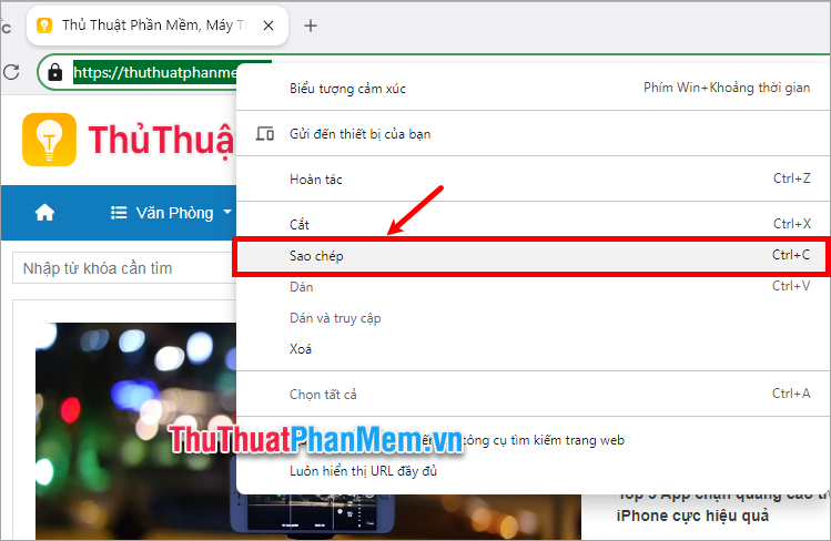 Sao chép địa chỉ trang web bằng cách chọn (bôi đen), rồi nhấn chuột phải chọn Sao chép