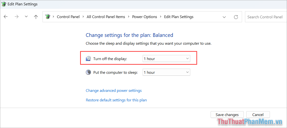 Thiết lập giá trị Turn off the display để thay đổi thời gian tắt màn hình trên Windows 11