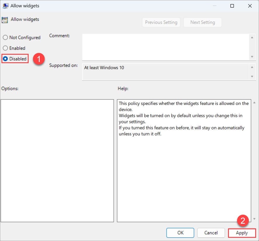 Trong cửa sổ thiết lập Allow widgets, bạn chọn mục Disable (1) → Apply (2)