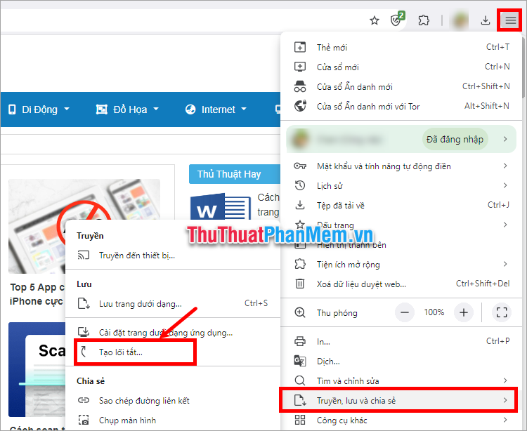 Tùy chỉnh và điều khiển → Truyền, lưu và chia sẻ → Tạo lối tắt đối với Cốc Cốc