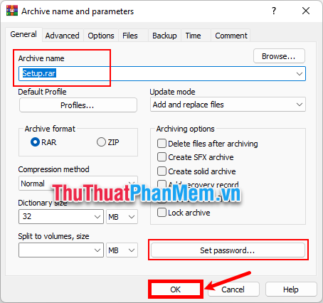 Xuất hiện Archive name and parameters, đổi tên file nén và đặt mật khẩu, sau đó ấn OK