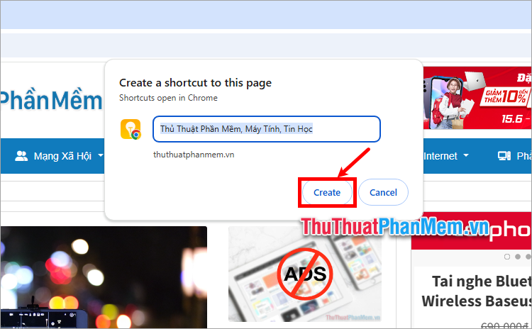 Xuất hiện Create a shortcut to this page, bạn chọn Create