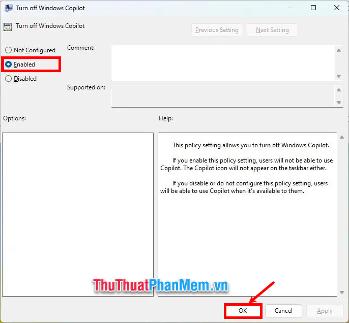 Xuất hiện cửa sổ Turn off Windows Copilot, chọn Enabled và ấn OK