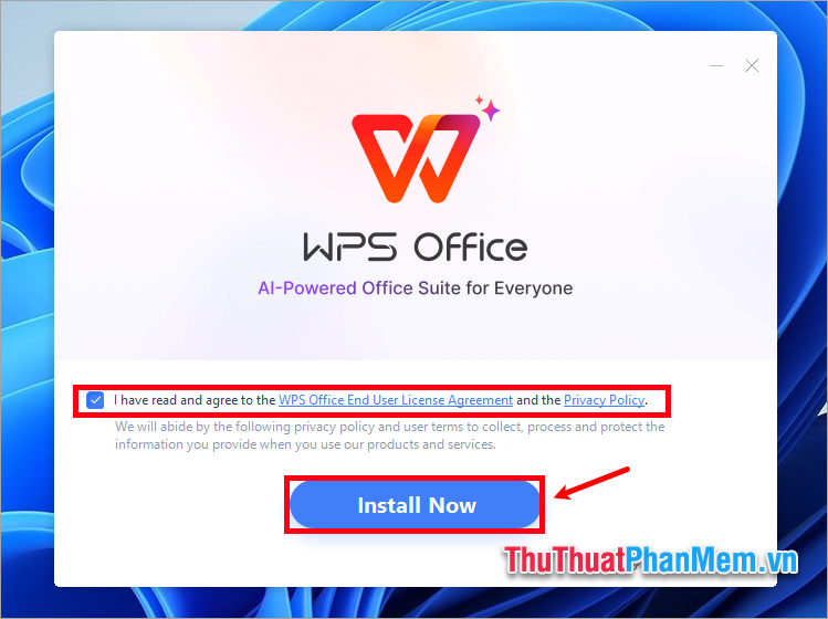 Bạn tích chọn trước ô vuông I have read and agree to the và ấn Install Now