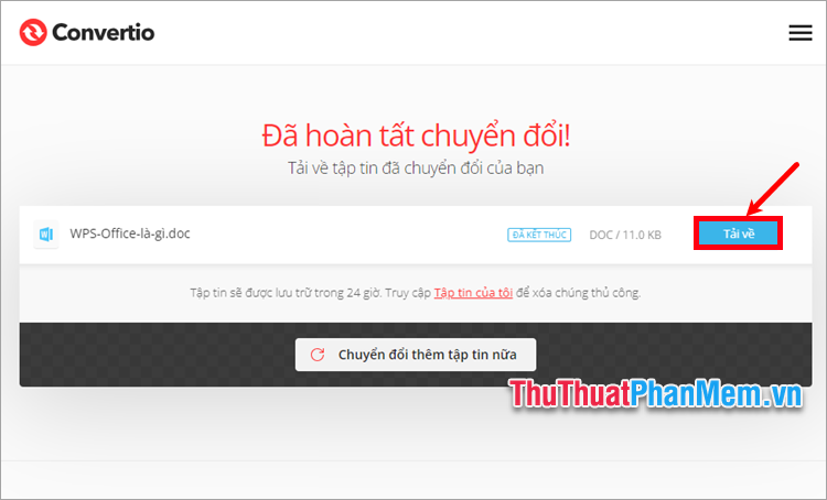Chờ quá trình chuyển đổi thành công, bạn chọn Tải về để tải file Word về máy