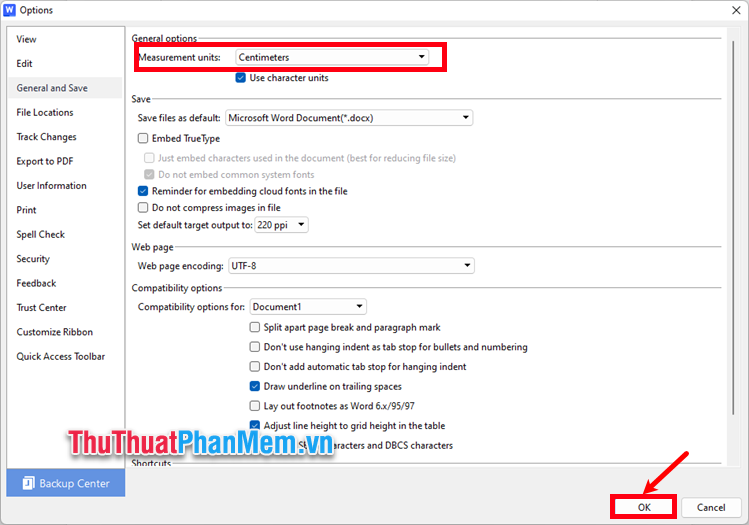 Chọn Centimeters và nhấn OK để đổi từ Inch sang cm trong WPS Office