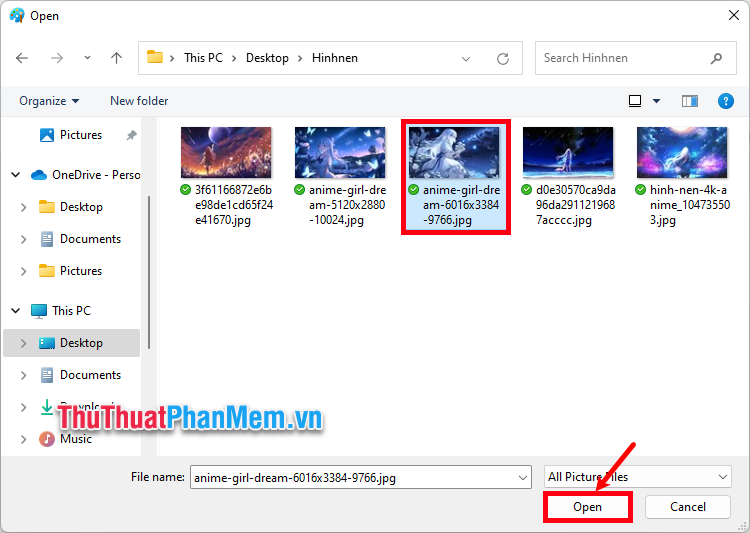 Chọn đến hình ảnh cần chèn vào Paint và ấn Open