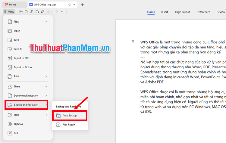 Chọn Menu → Backup and Recovery → Auto Backup