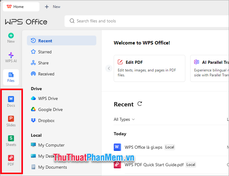 Chọn ứng dụng Docs, Slides, Sheets hay PDF trong thanh công cụ