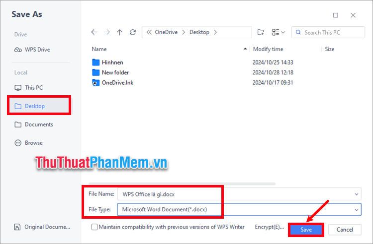 Đặt tên phần File Name, trong File Type chọn định dạng Word .doc hoặc .docx tùy ý
