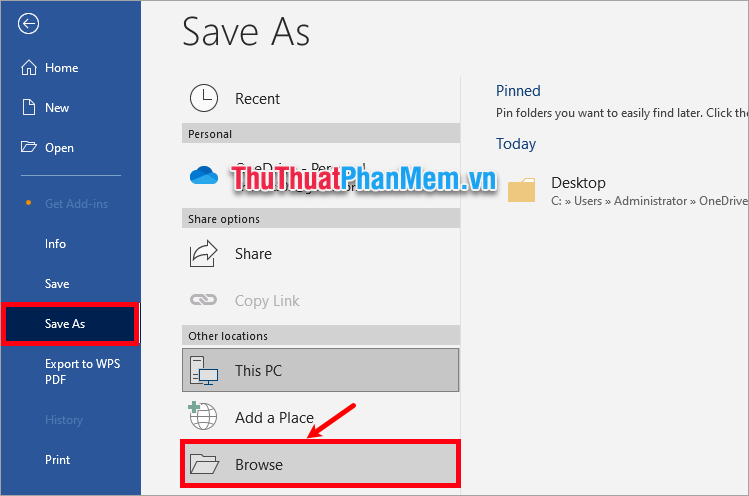 File wps được mở trên Word, bạn chọn File → Save As → Browse