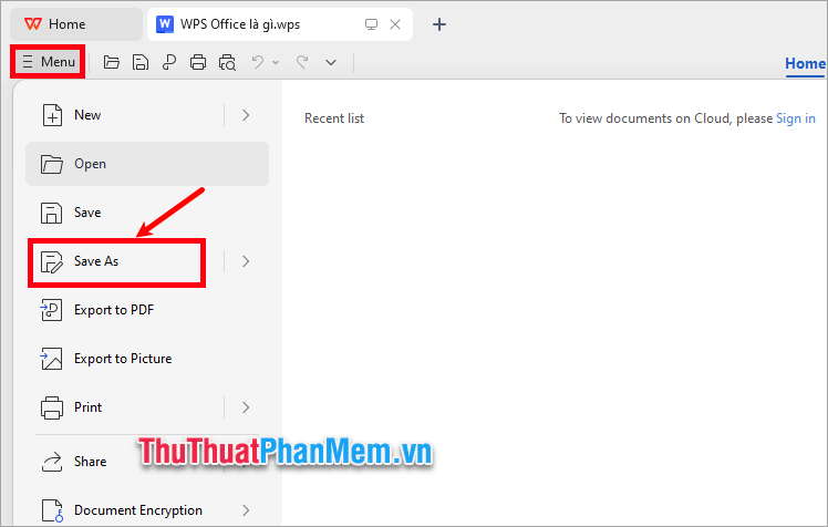 File wps được mở trên WPS Office, bạn nhấn chọn Menu → Save As