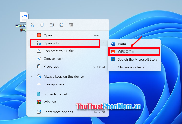 Nhấn chuột phải vào file wps cần chuyển và chọn Open with → WPS Office