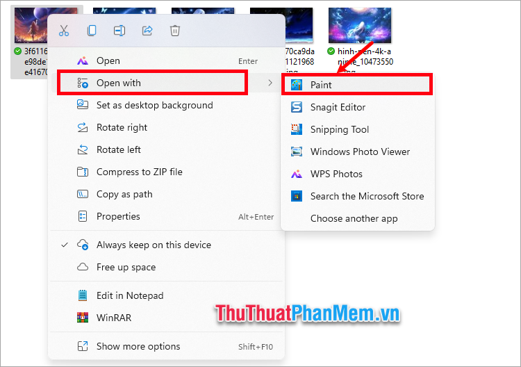 Nhấn chuột phải vào hình ảnh cần chèn vào Paint và chọn Open With → Paint