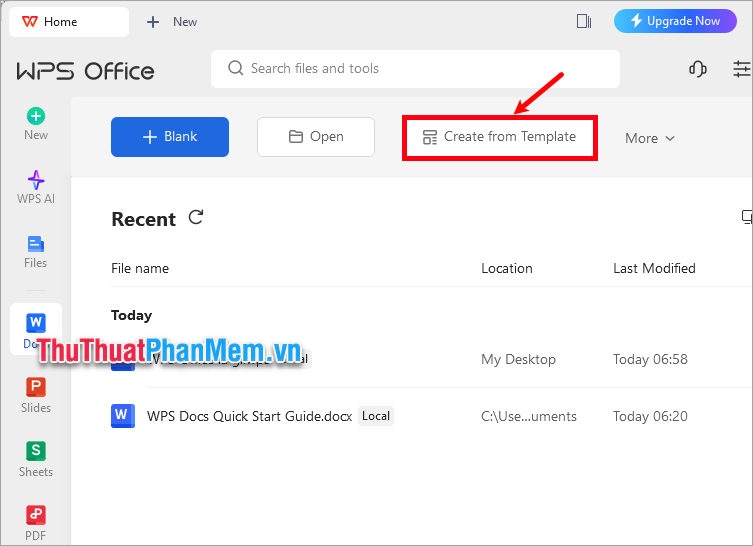 Nhấn Create from Template, sau đó chọn đến mẫu có sẵn