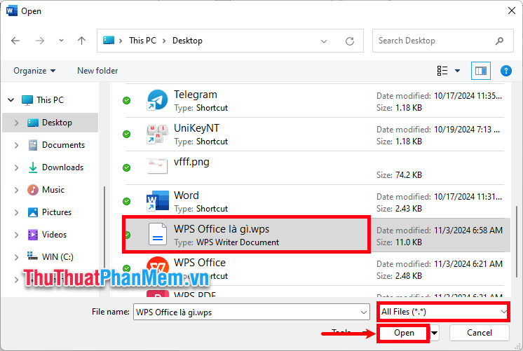 Nhấn kiểu file là All Files (.), chọn đến file wps cần chuyển và ấn Open