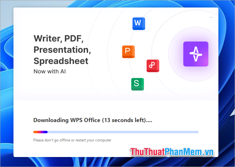 Tiếp theo bạn chờ đợi WPS Office tự động cài đặt