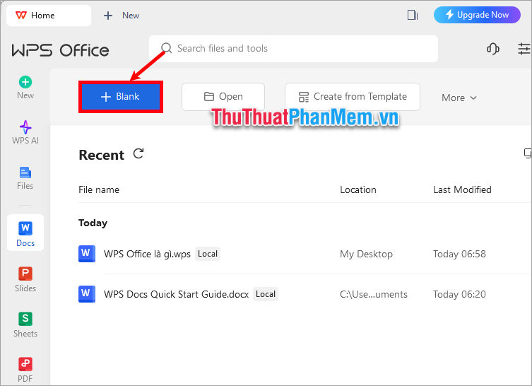 Trên giao diện ứng dụng bạn chọn, để tạo tài liệu mới bạn chọn Blank
