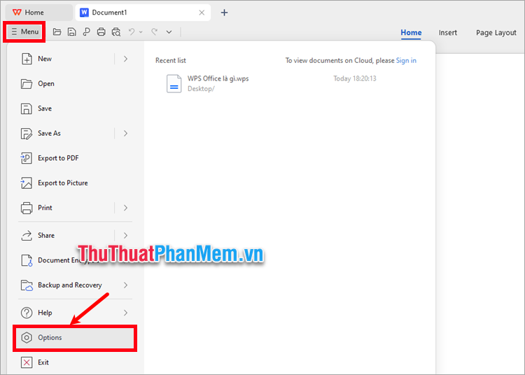 Trên giao diện ứng dụng, bạn chọn Menu → Options