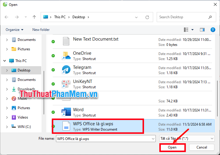 Xuất hiện cửa sổ Open, chọn đến file wps cần chuyển sang word và ấn Open