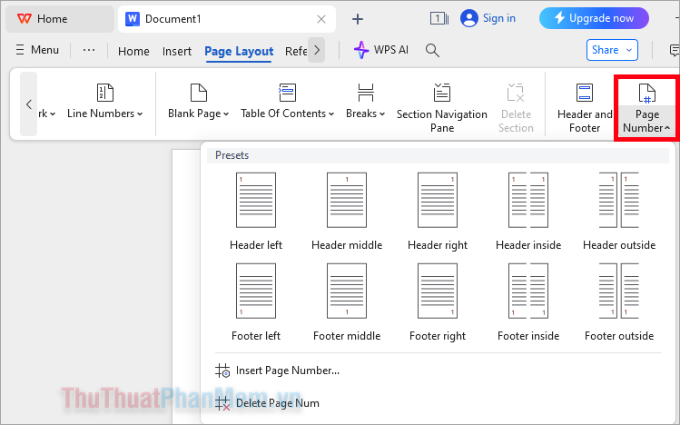 Cách đánh số trang trong WPS Office