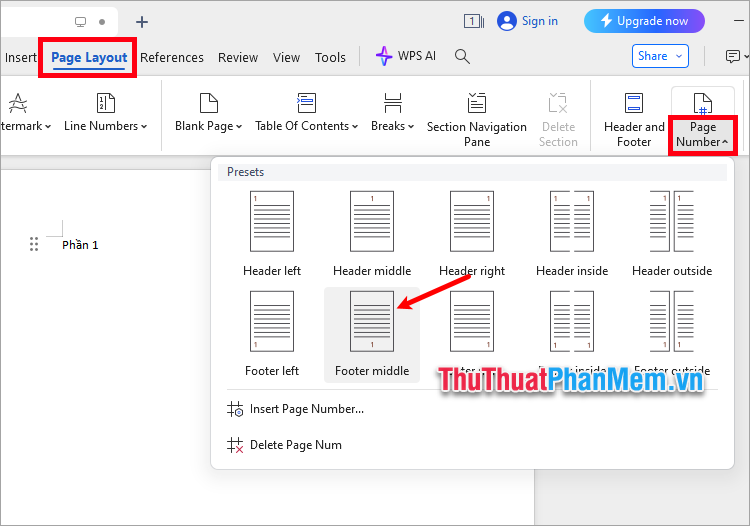 Chọn thẻ Page Layout → Page Number → ấn vị trí đánh số trang