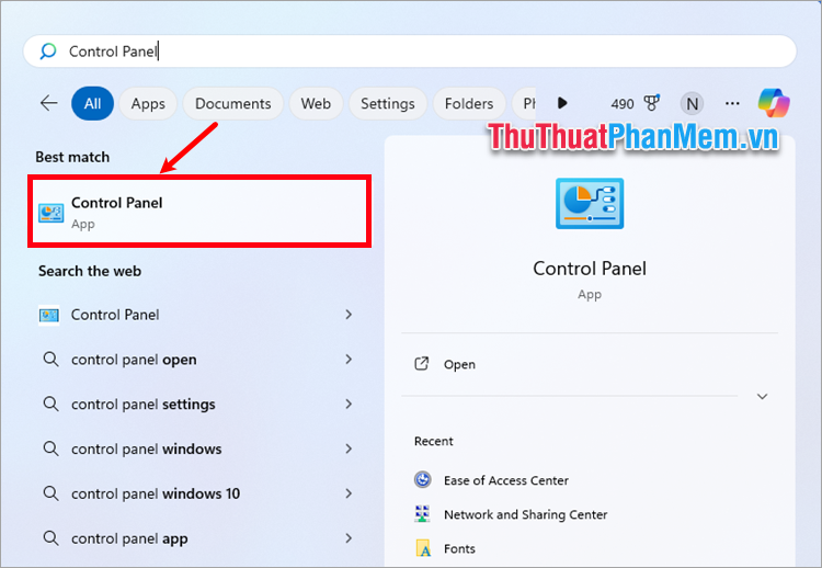 Mở menu Start, nhập từ khóa Control Panel và chọn Control Panel